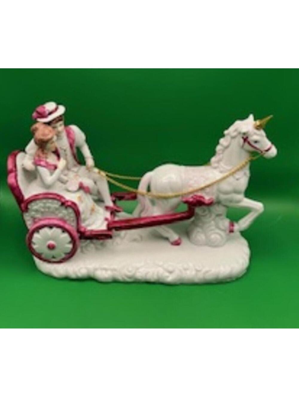 Vintage Unicorn Horse Drawn Carriage With French Couple Figurine Statue Ceramic